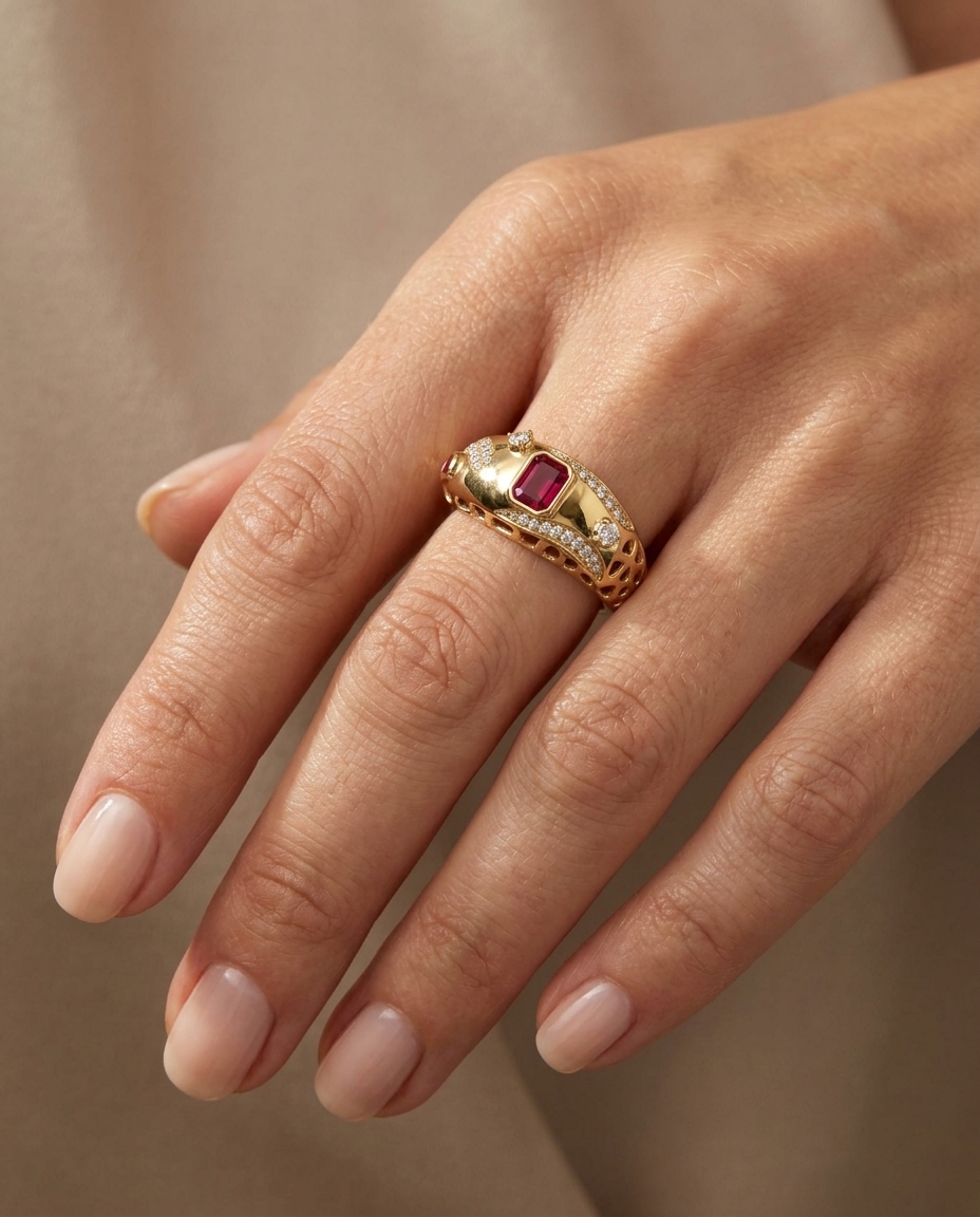 14KT Yellow Gold Ruby and Diamond Ring on model