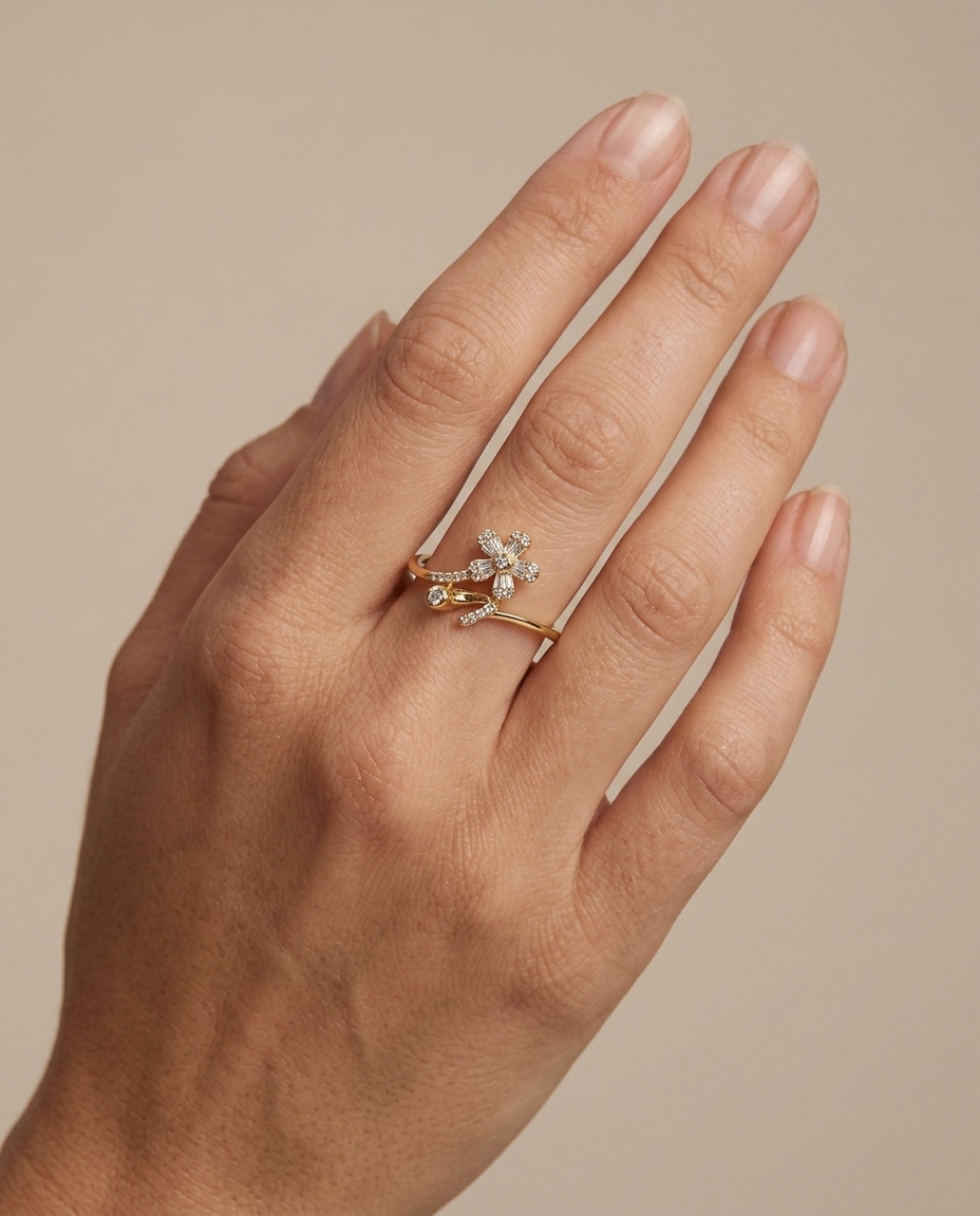 14KT Yellow Gold Diamond Flower Ring on model