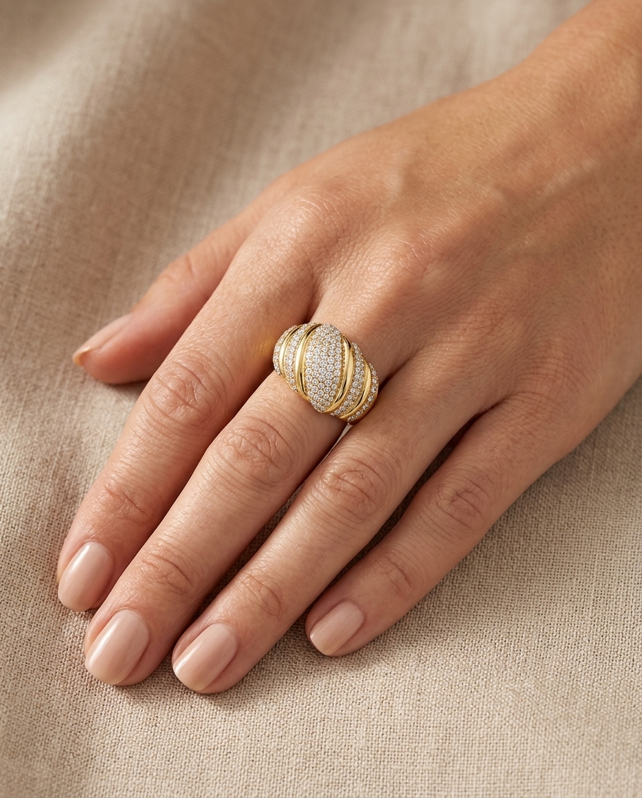 14KT Yellow Gold Diamond Donut Ring on model