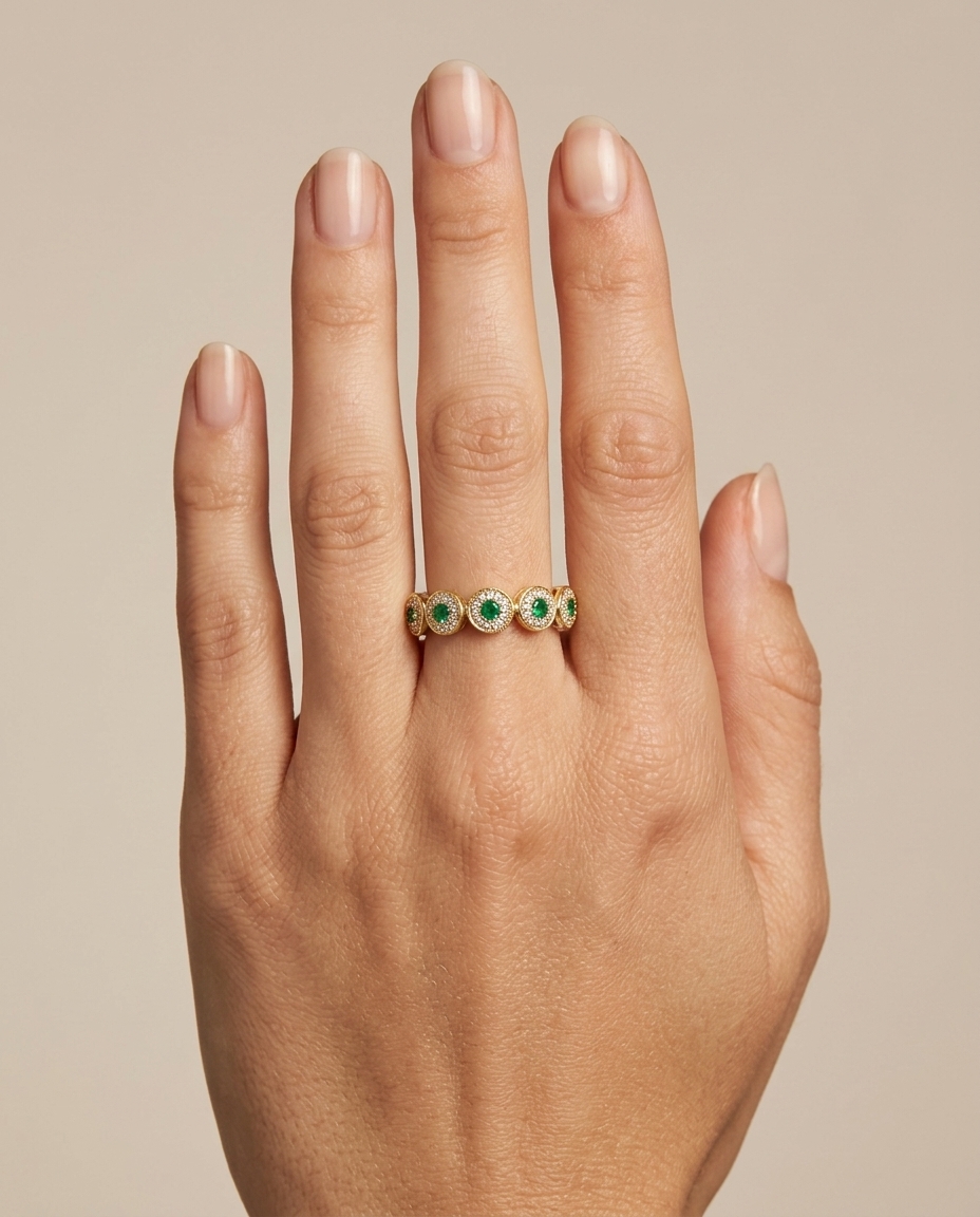 14KT Yellow Gold Emerald and Diamond Ring on model