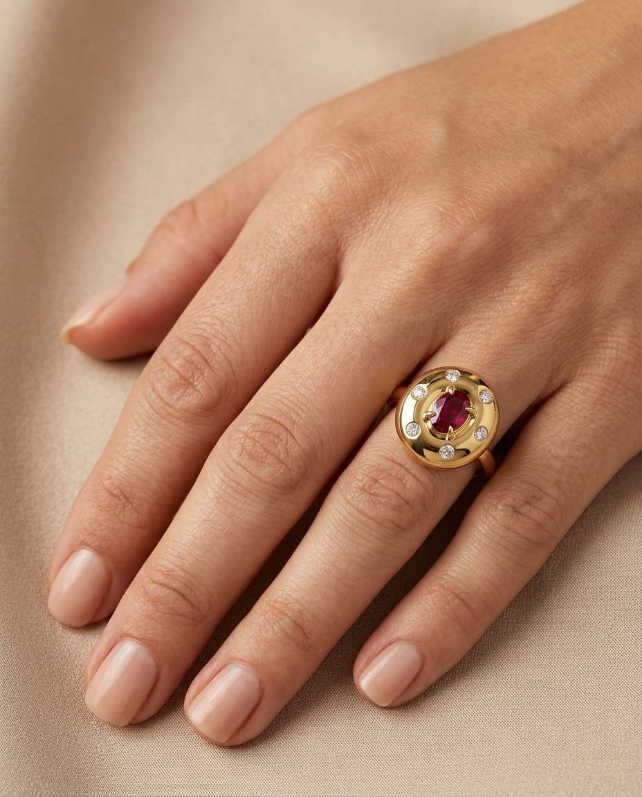 14KT Yellow Gold Ruby and Diamond Ring on model