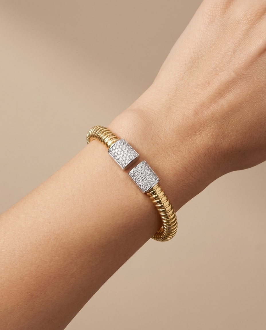 14KT Italian Yellow Gold Tubogas Bangle with Diamonds on model