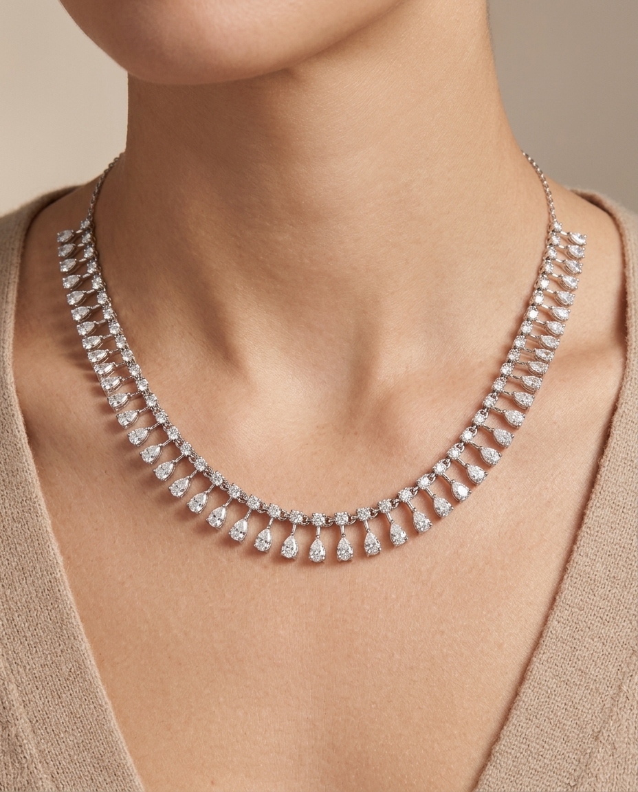 18KT White Gold Diamond Necklace on model