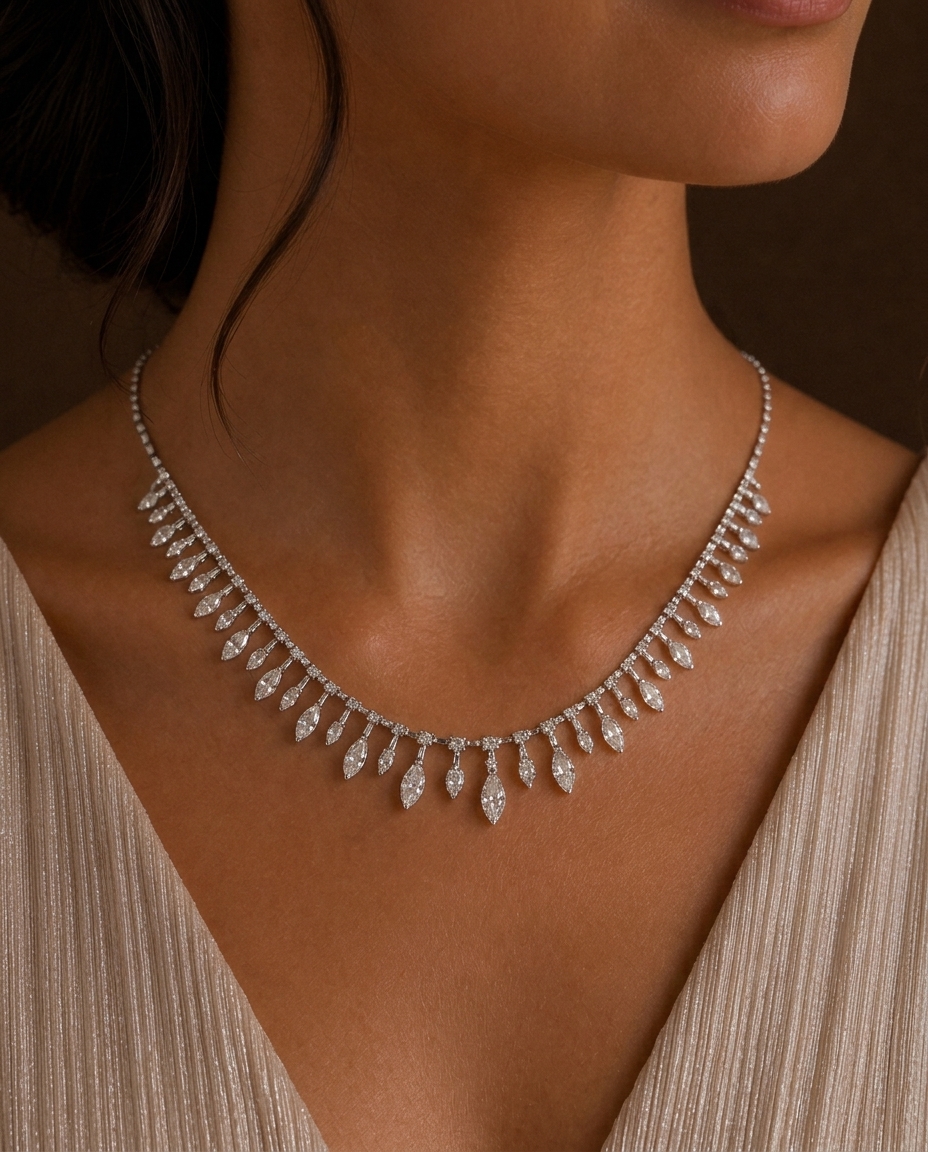 18KT White Gold Diamond Necklace on model