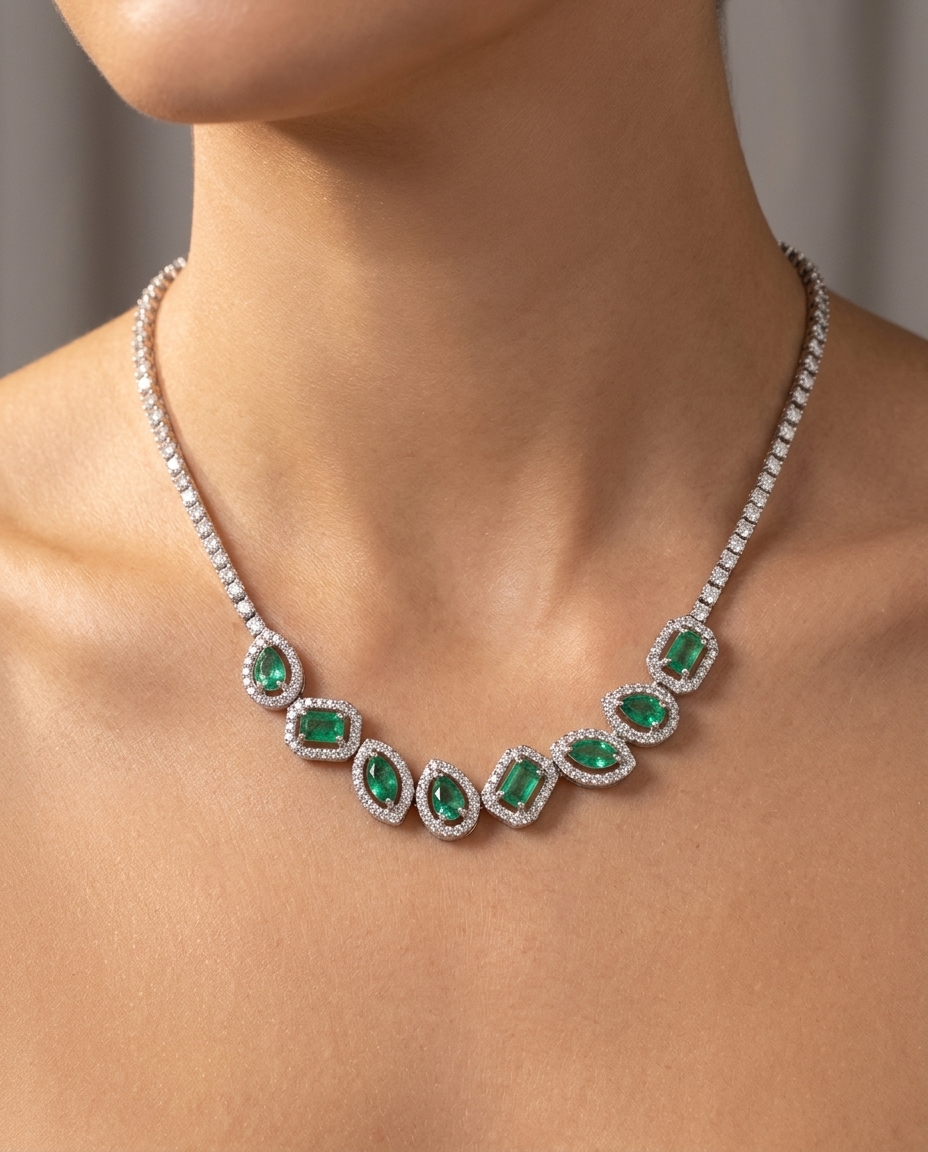 18KT White Gold Emerald and Diamond Necklace on model
