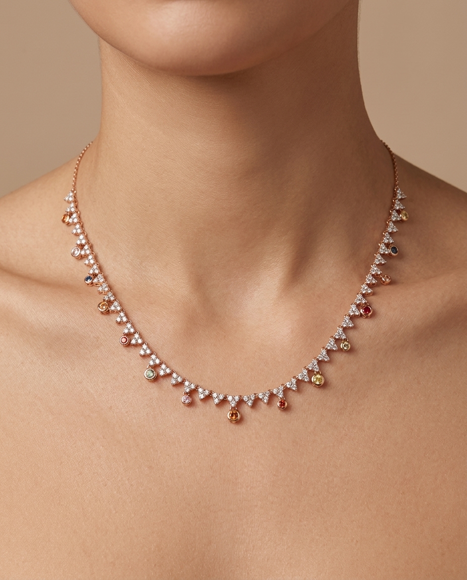 18KT Rose Gold Multi Sapphire and Diamond Necklace on model