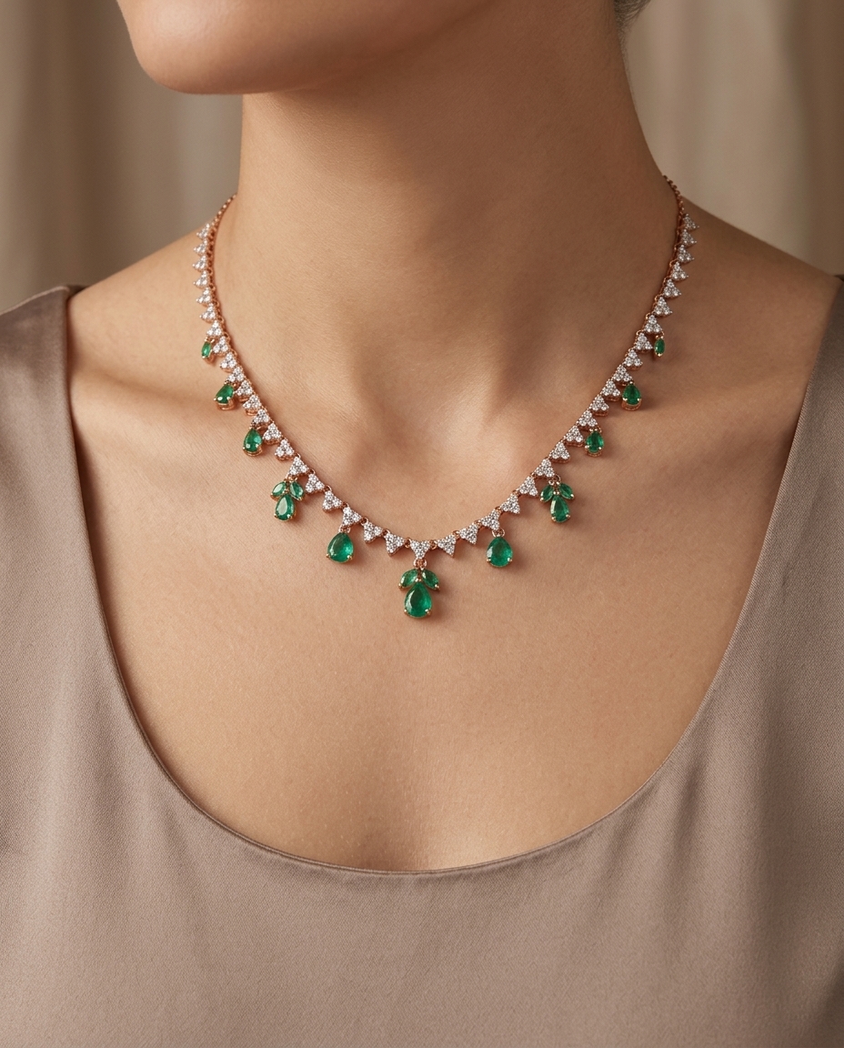 18KT Rose Gold Emerald and Diamond Necklace on model