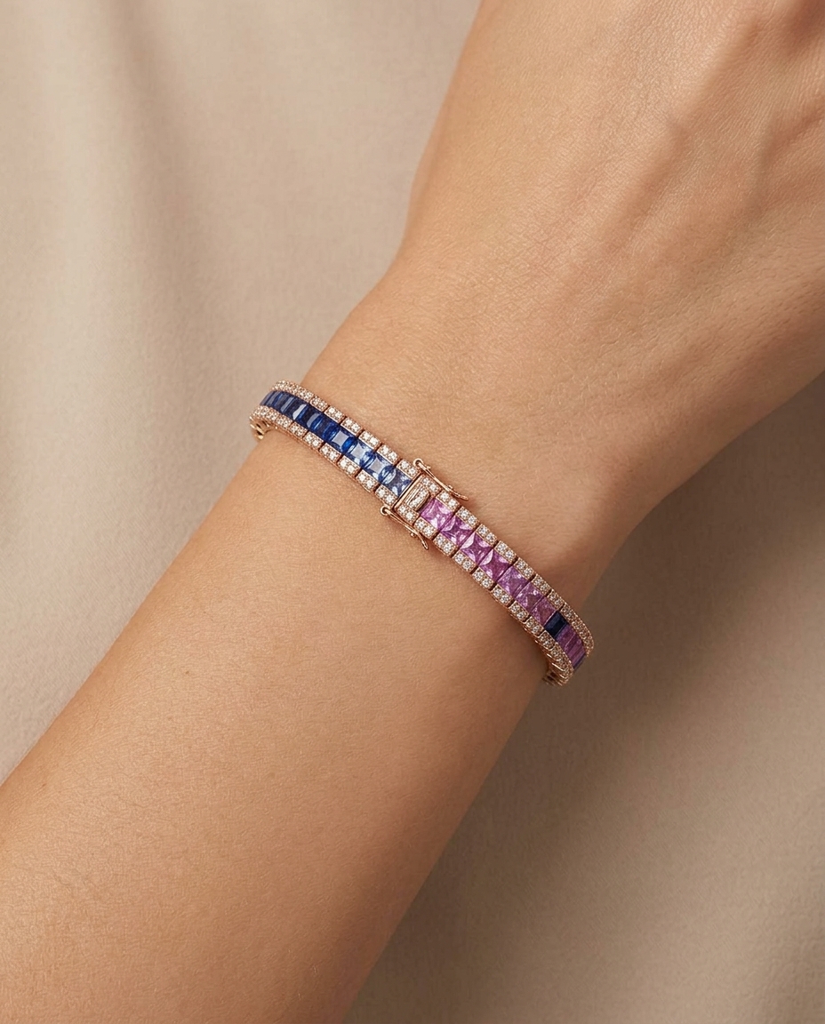 14KT Yellow Gold Multi Sapphire Princess Bracelet on model