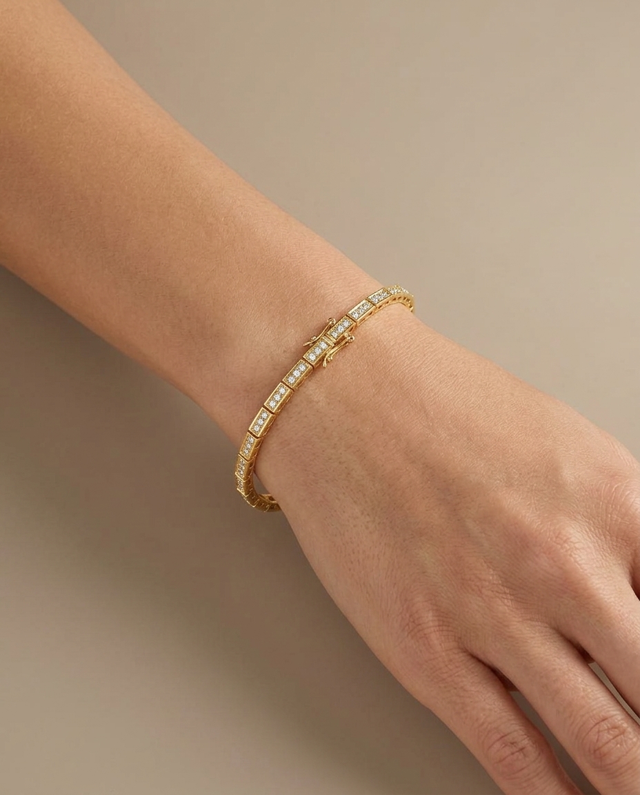 14KT Yellow Gold Diamond Bezel Tennis Bracelet 7" on model