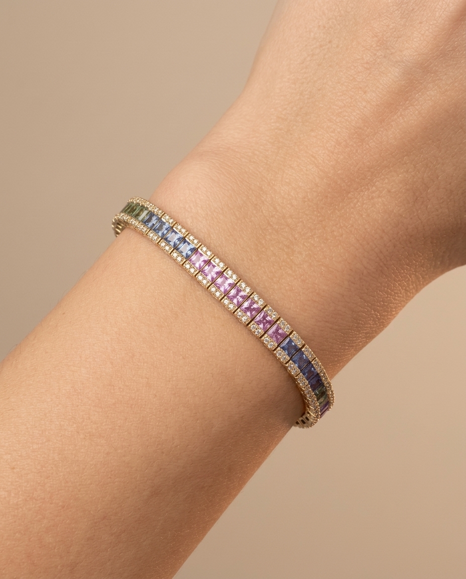 14KT Yellow Gold Multi Sapphire and Diamonds Bracelet on model