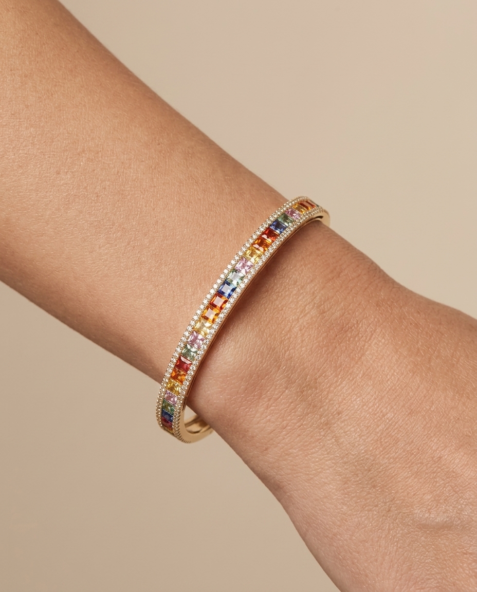 14KT Diamond Multi Sapphire Bangle on model