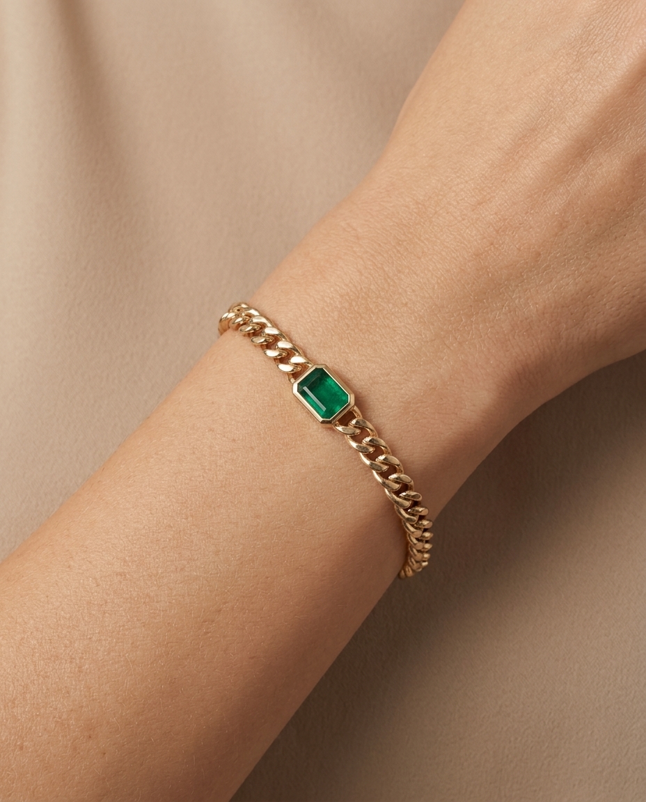 14KT Yellow Gold Emerald Bracelet on model