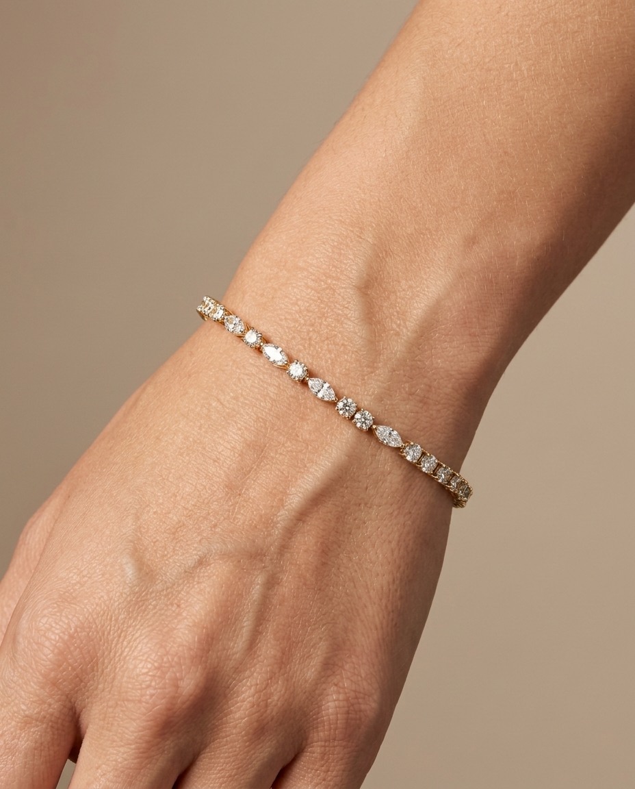 14KT Gold 4 Prong Diamond Tennis Bracelet 7.00 Cts on model