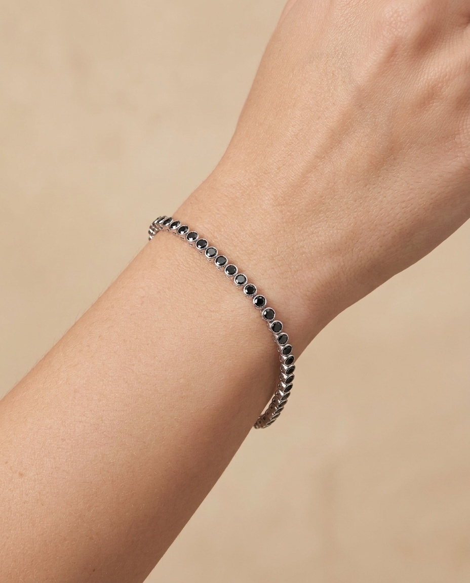 14KT White Gold Black Diamond Bezel Tennis Bracelet on model