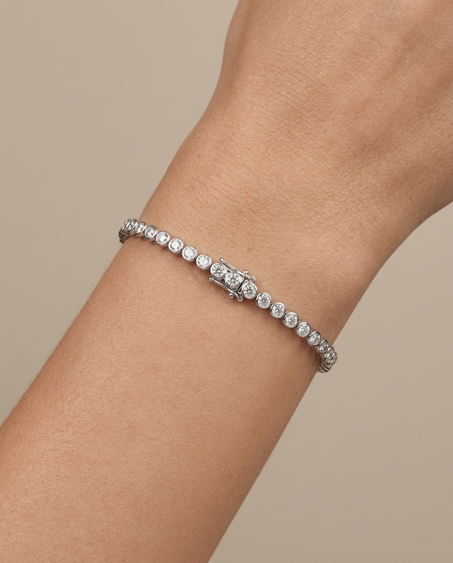 14KT Gold Diamond Bezel Tennis Bracelet on model
