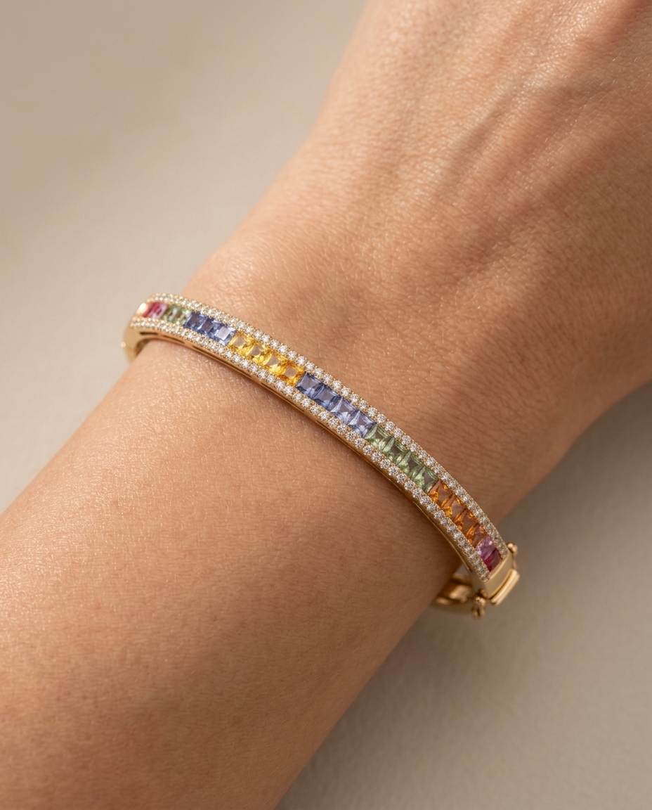 14KT Diamond Multi Sapphire Bangle on model