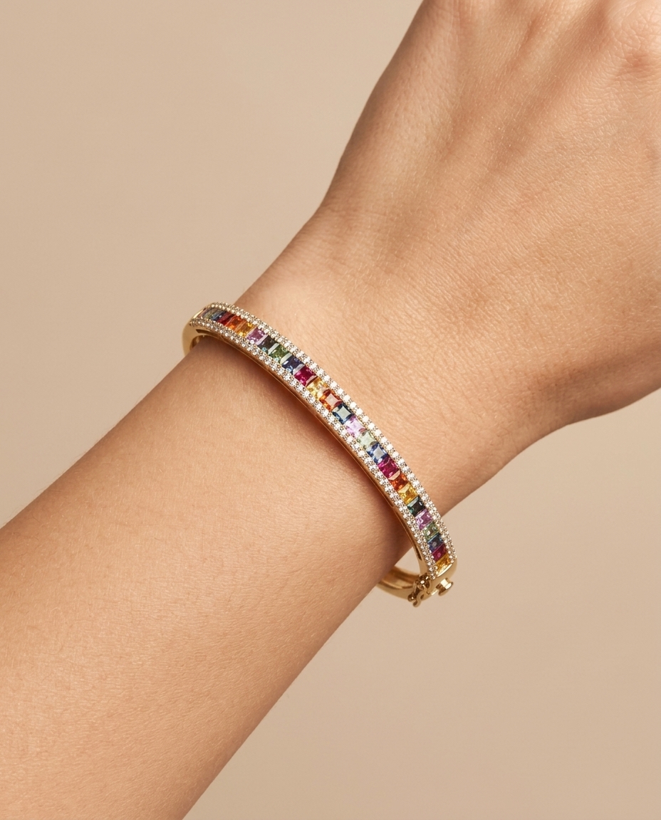 14KT Yellow Gold Multi Sapphire and Diamond Bracelet on model