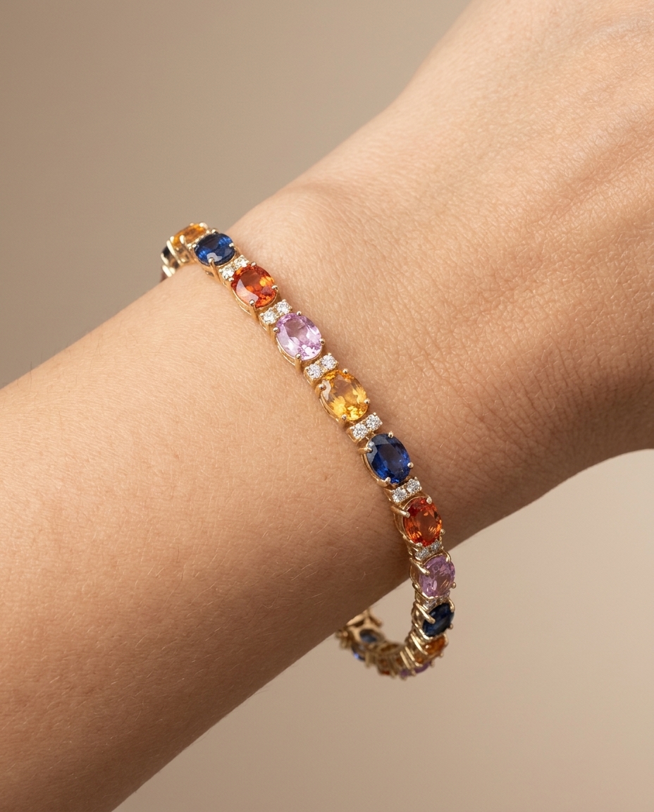 14KT Gold Multi Sapphire and Diamonds Bracelet on model