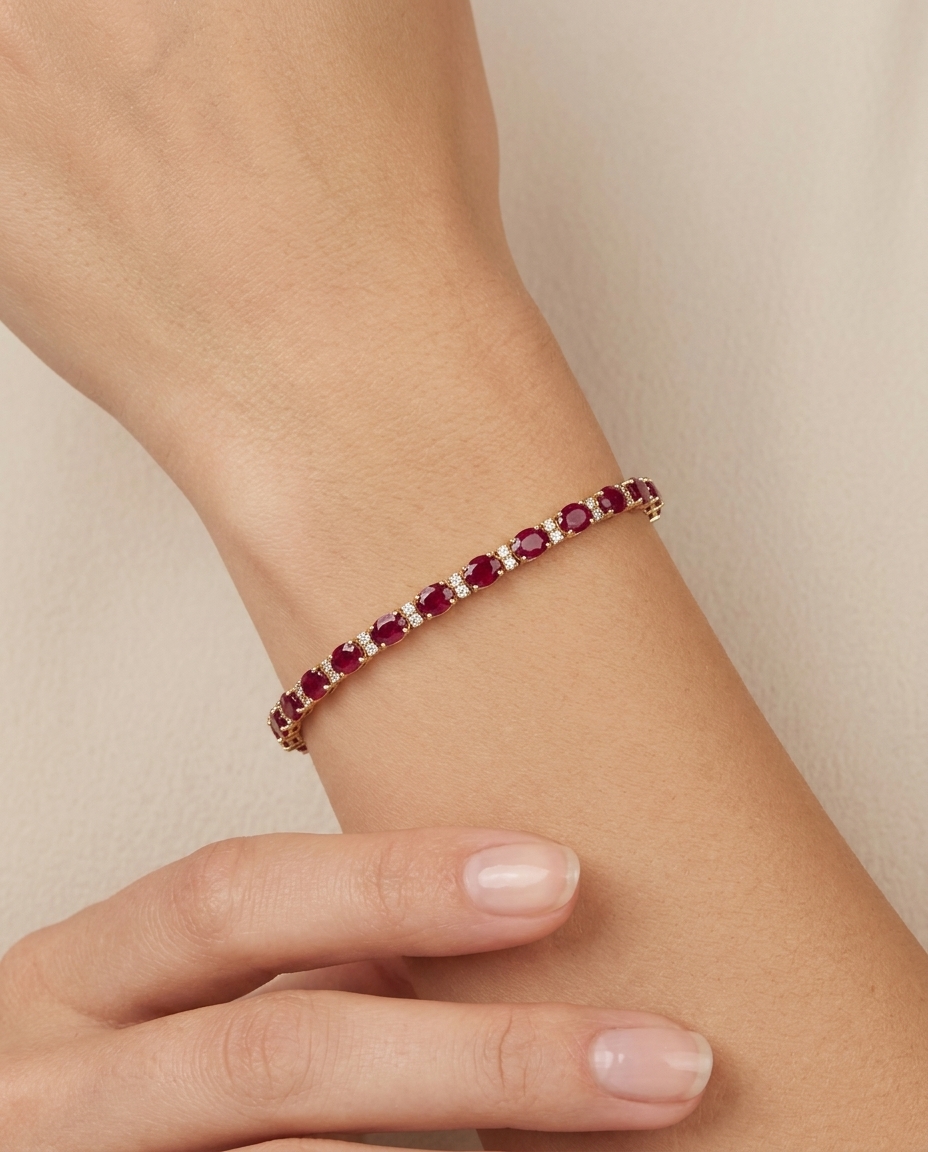 14KT Yellow Gold Ruby and Diamonds Bracelet on model