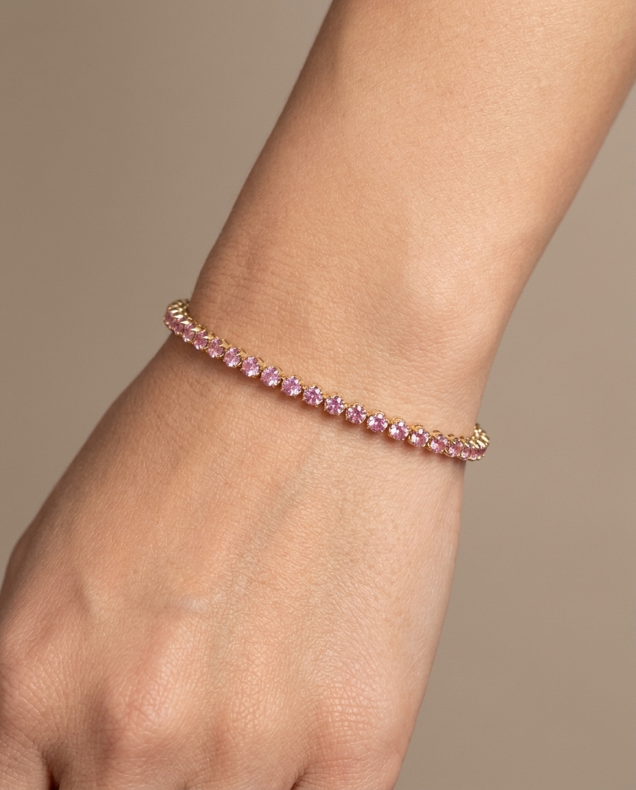 14KT Yellow Gold Pink Sapphire Tennis Bracelet on model