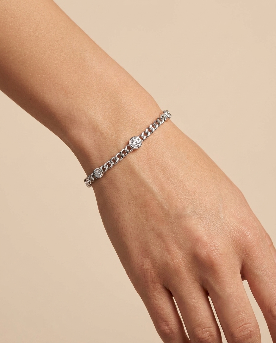 14KT White Gold 7 Diamond Cuban Bracelet on model