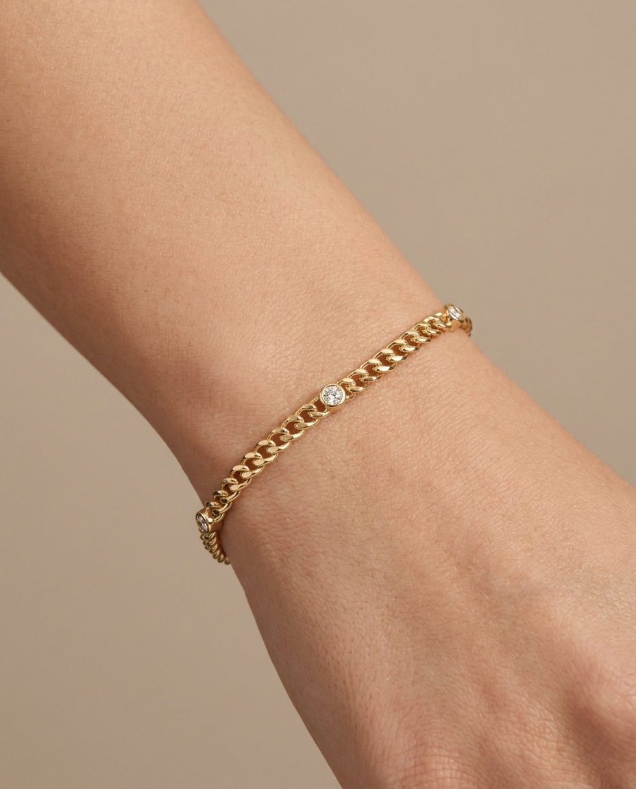 14KT Yellow Gold 7 Diamond Cuban Bracelet on model