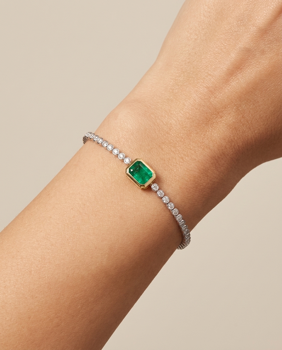 14KT Emerald Oct and Diamond Tennis Bracelet on model