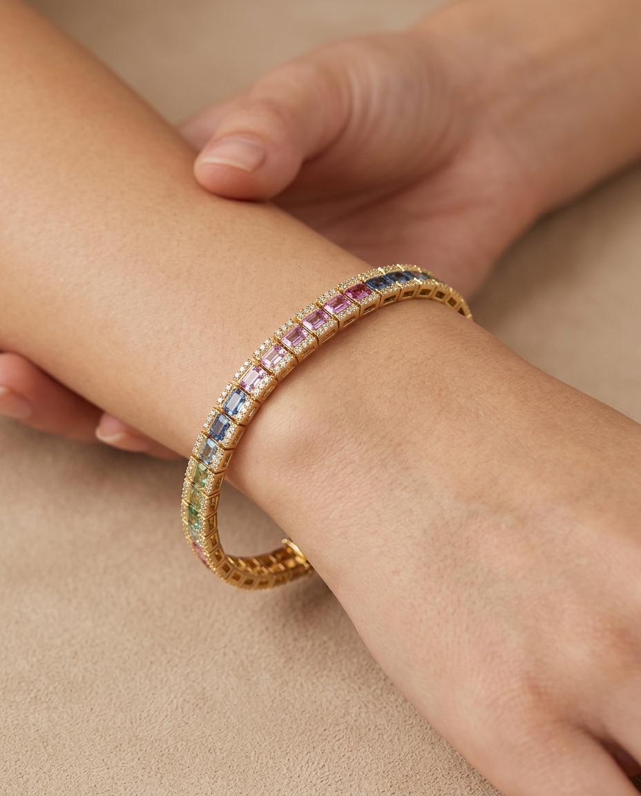 14KT Yellow Gold Multi Sapphire and Diamonds Bracelet on model