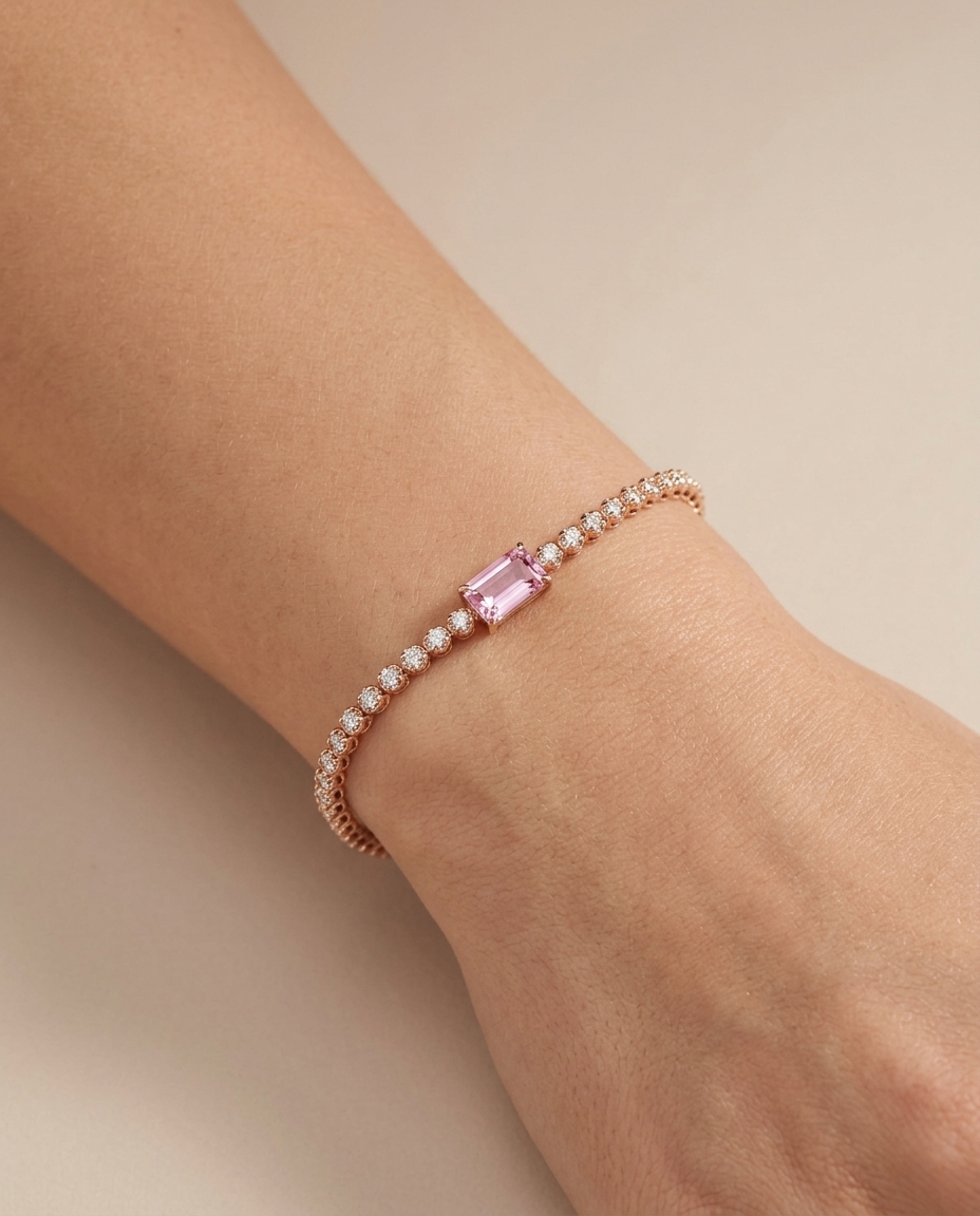 14KT Rose Gold Pink Sapphire Oct and Diamond Tennis Bracelet on model