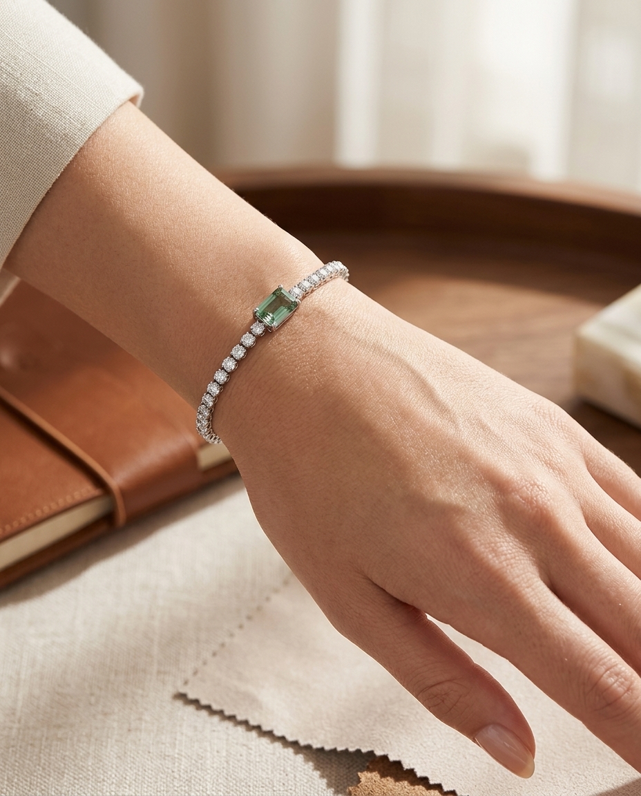 14KT White Gold Green Sapphire Oct and Diamond Tennis Bracelet on model