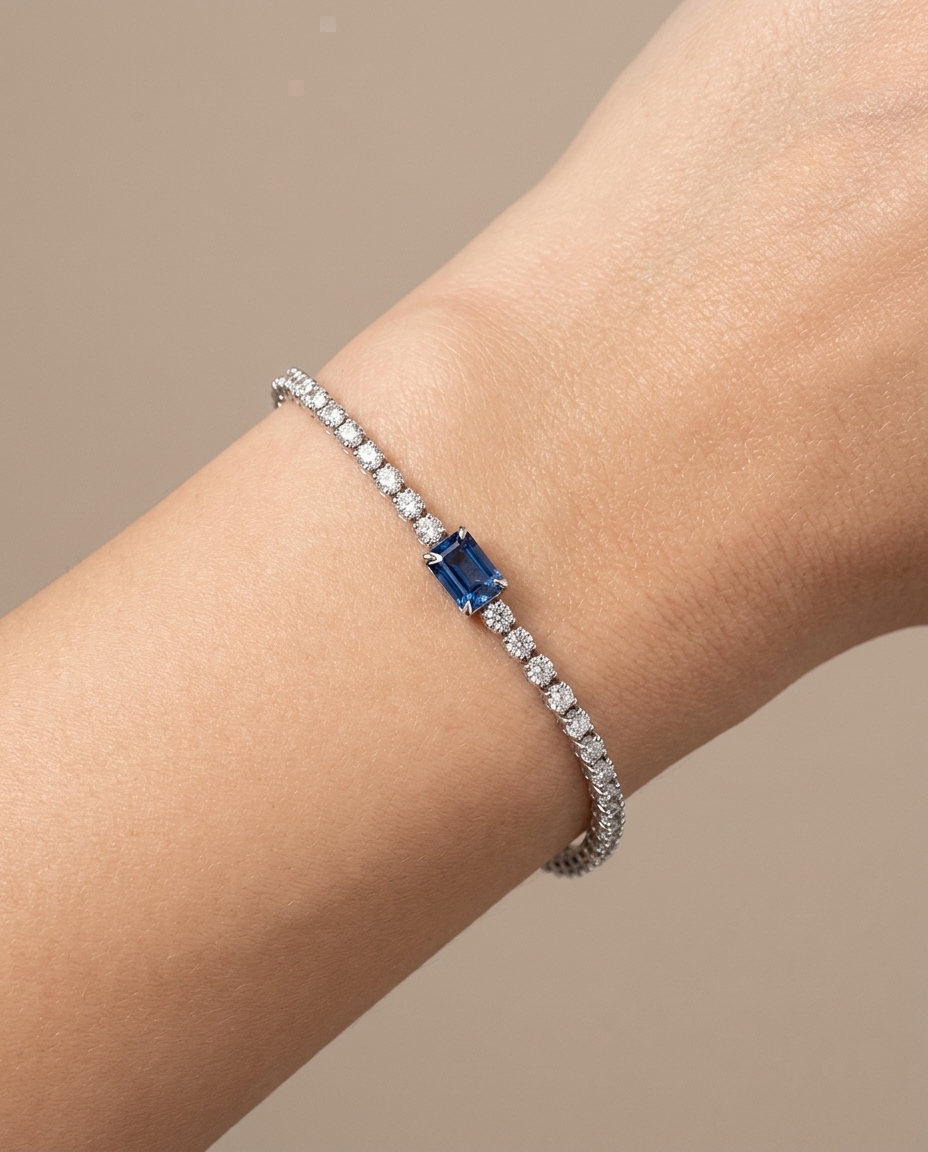 14KT White Gold Sapphire Oct and Diamond Tennis Bracelet on model