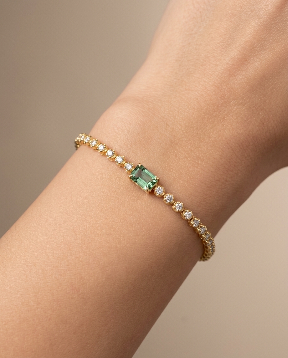 14KT Yellow Gold Green Sapphire Oct and Diamond Tennis Bracelet on model