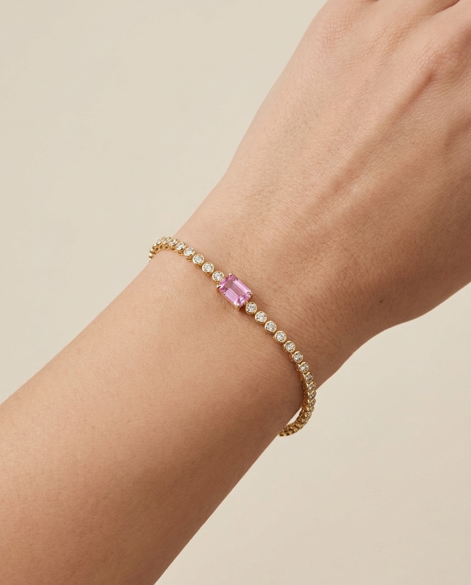 14KT Yellow Gold Pink Sapphire Oct and Diamond Tennis Bracelet on model