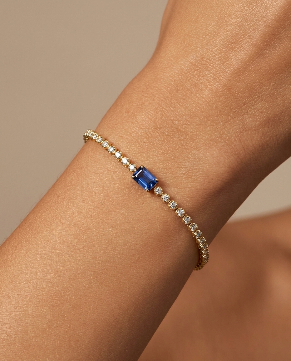 14KT Yellow Gold Sapphire Oct and Diamond Tennis Bracelet on model