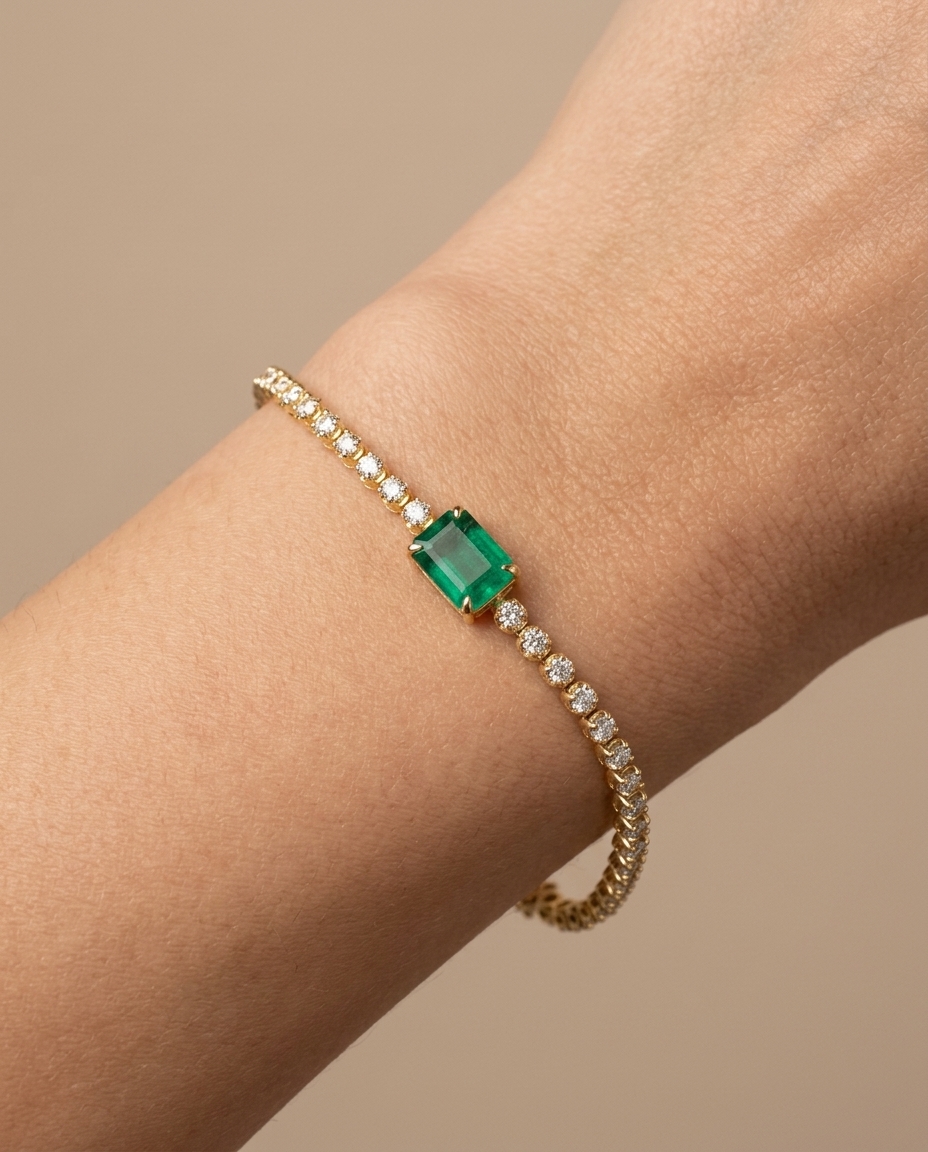 14KT Yellow Gold Emerald Oct and Diamond Tennis Bracelet on model