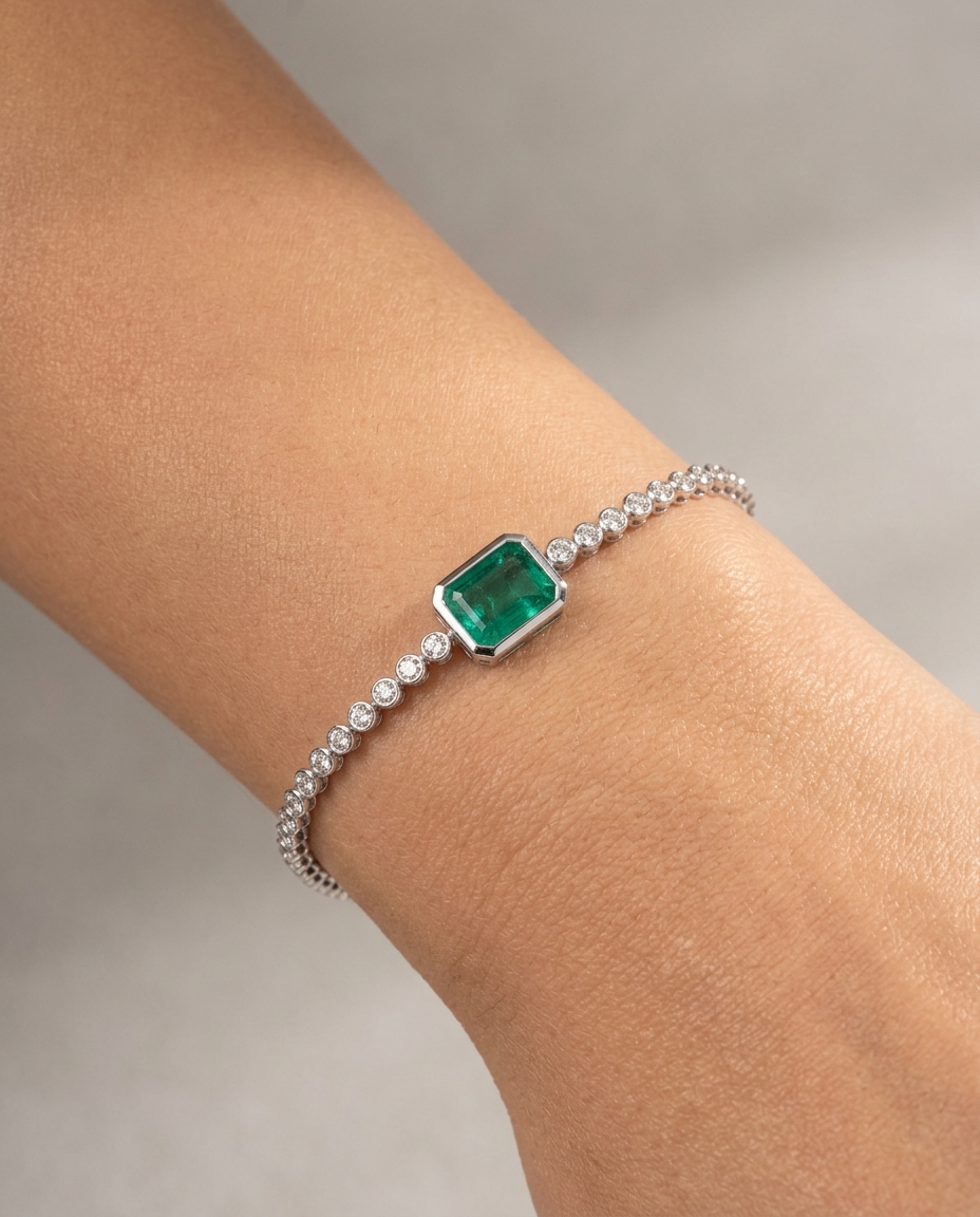 14KT Emerald Oct and Diamond Tennis Bracelet on model