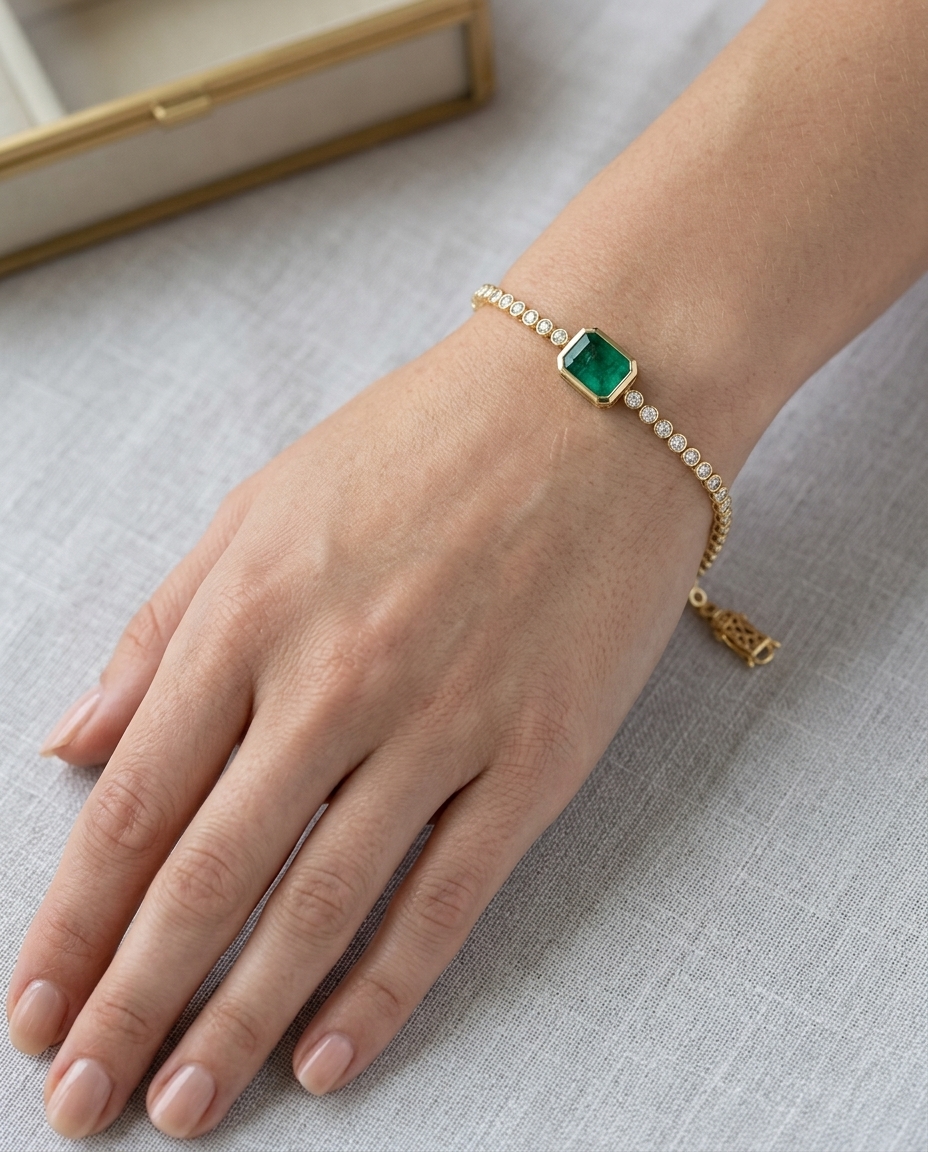 14KT Emerald Oct and Diamond Tennis Bracelet on model