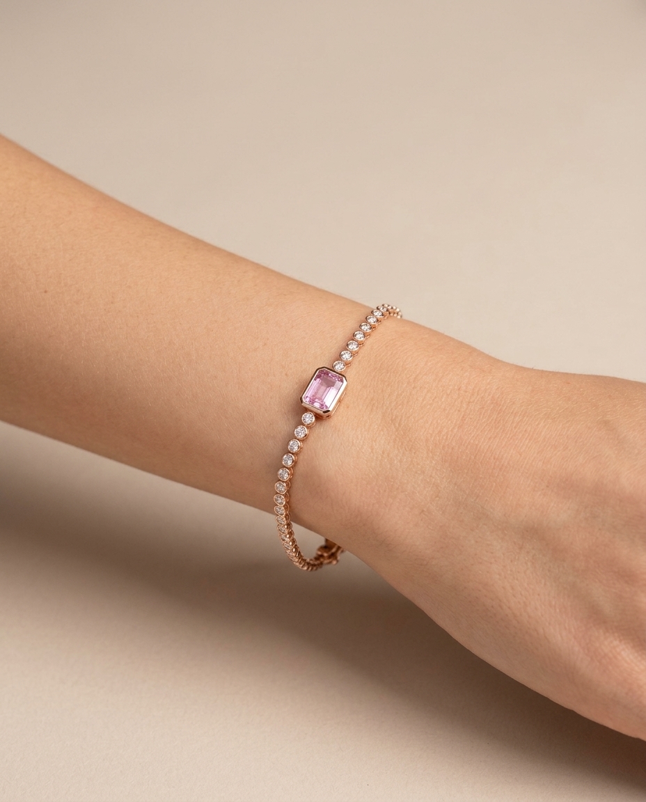 14KT Rose Gold Pink Sapphire Oct and Diamond Tennis Bracelet on model