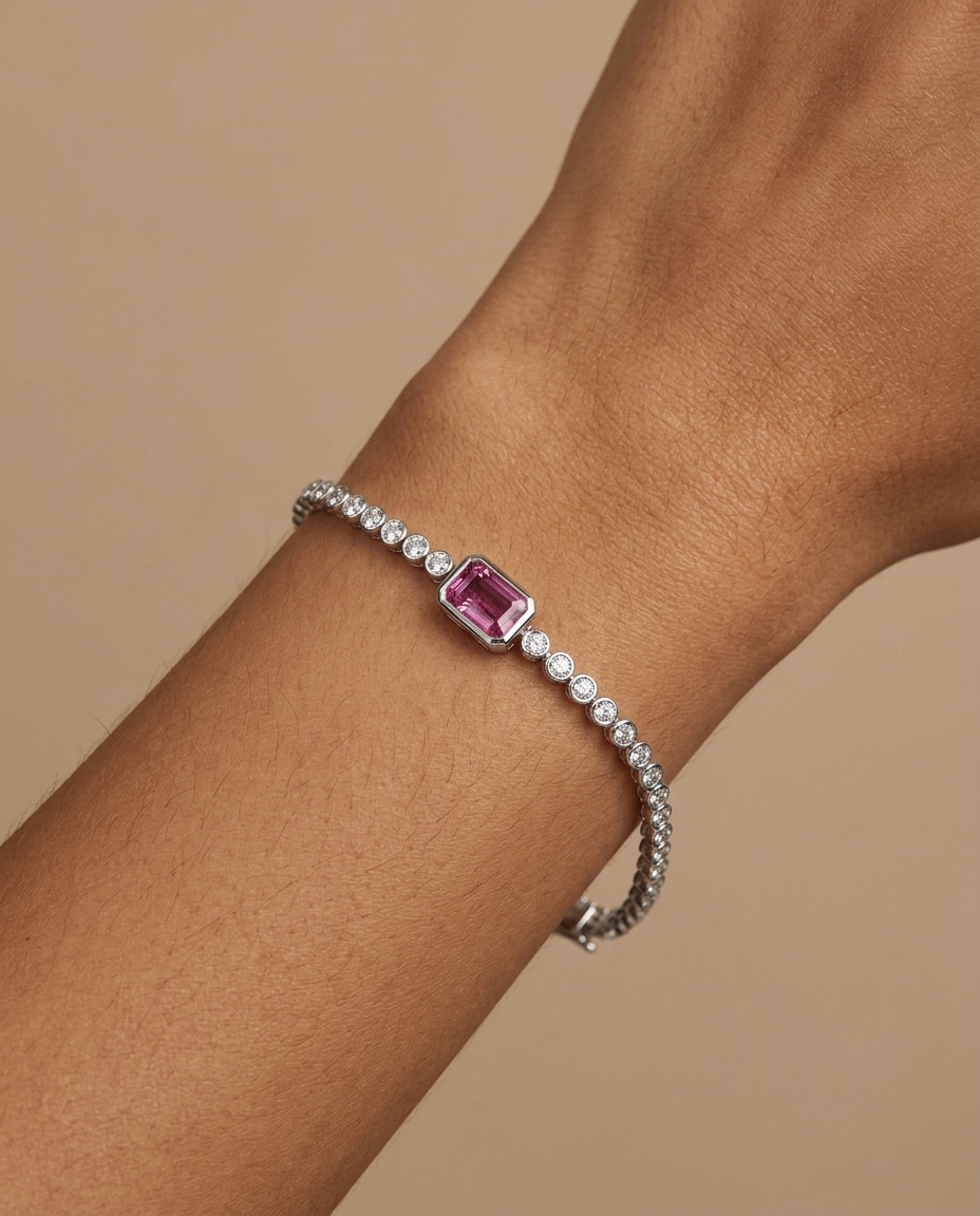 14KT White Gold Pink Sapphire Oct and Diamond Tennis Bracelet on model