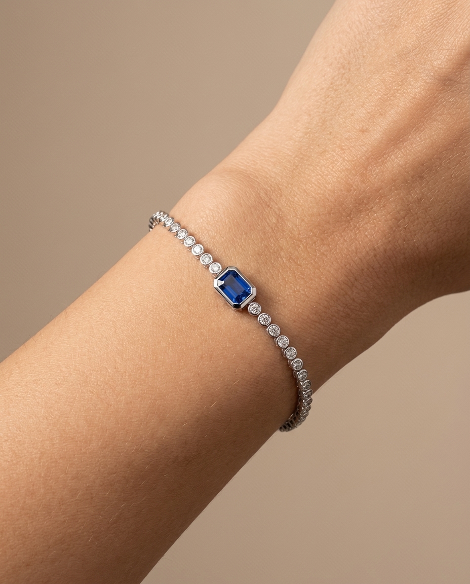 14KT White Gold Sapphire Oct and Diamond Tennis Bracelet on model
