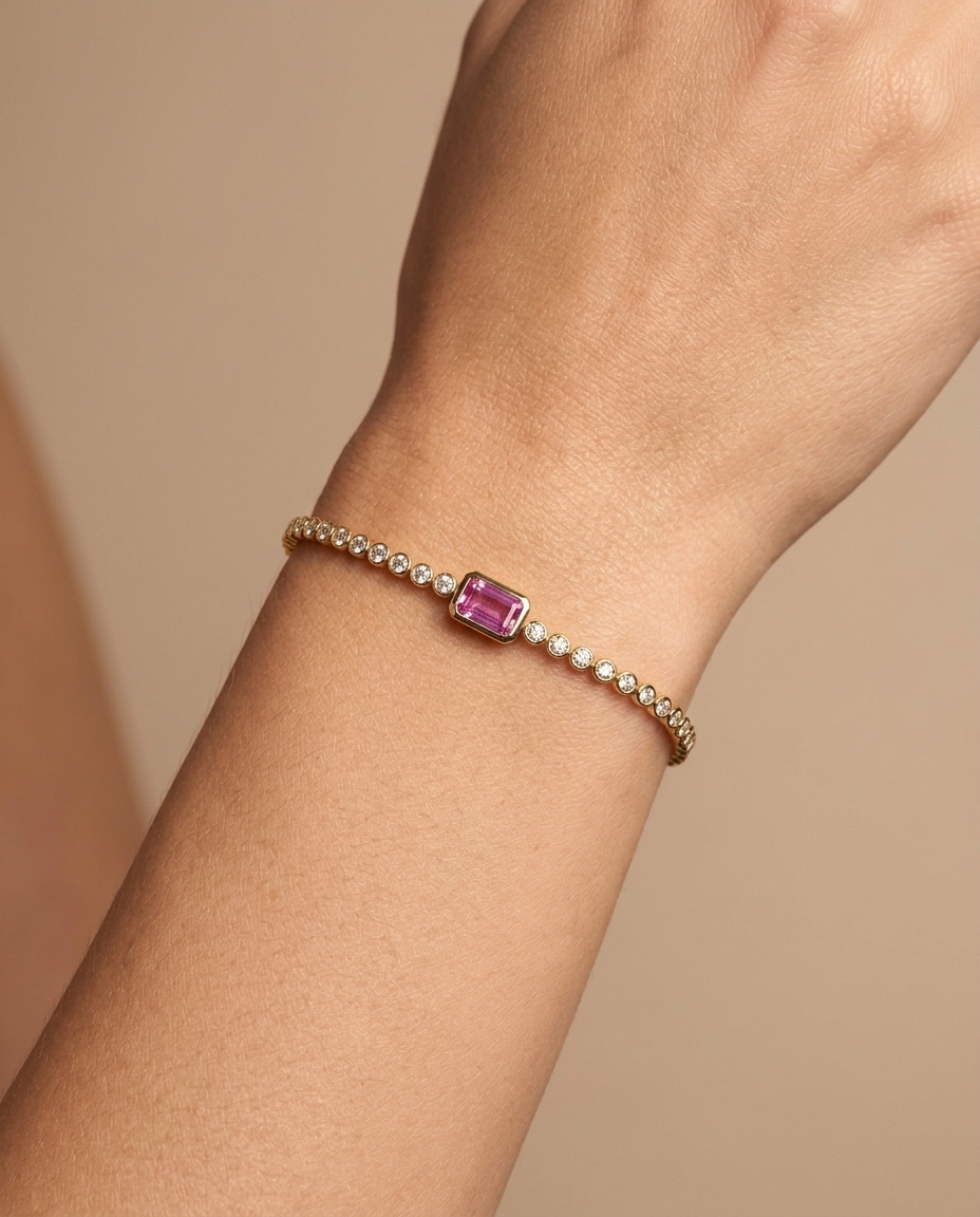 14KT Yellow Gold Pink Sapphire Oct and Diamond Tennis Bracelet on model