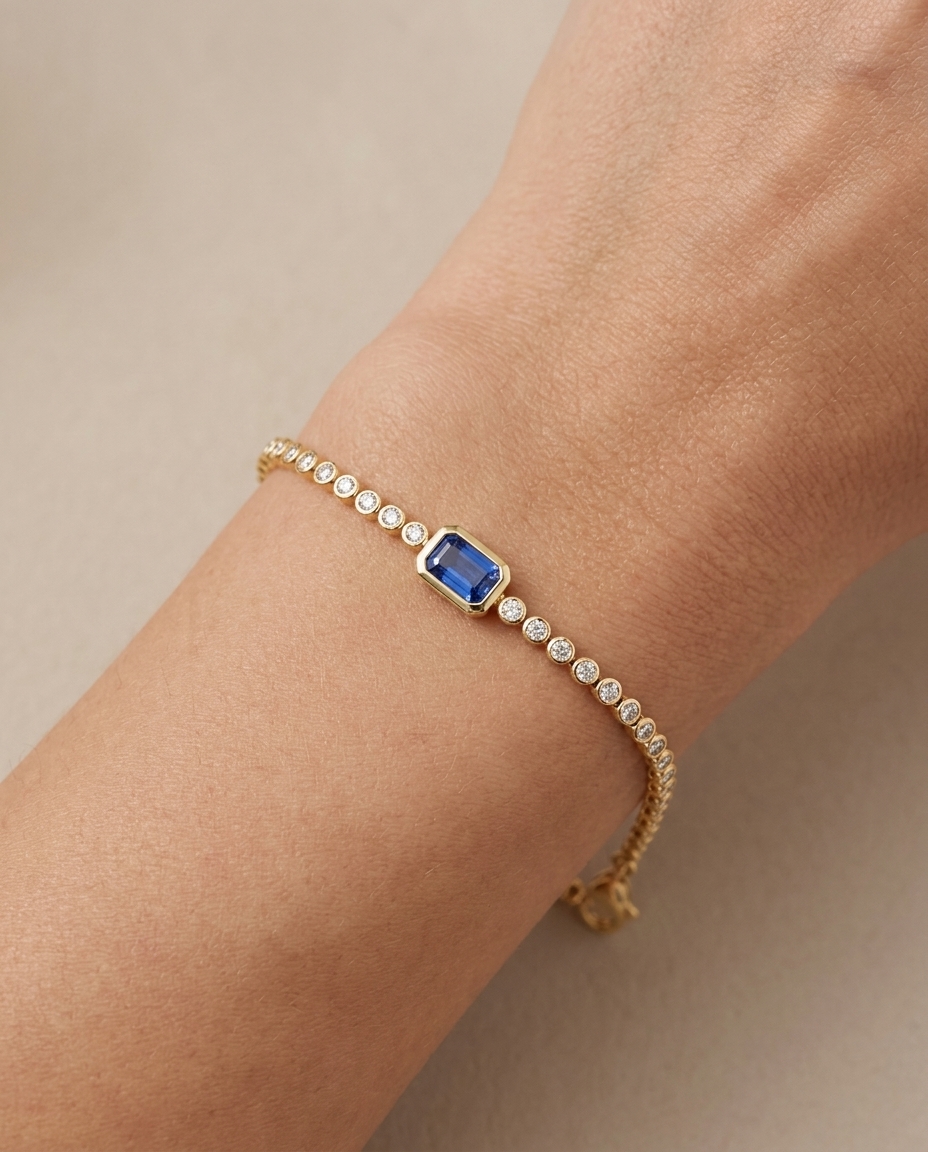 14KT Yellow Gold Sapphire Oct and Diamond Tennis Bracelet on model