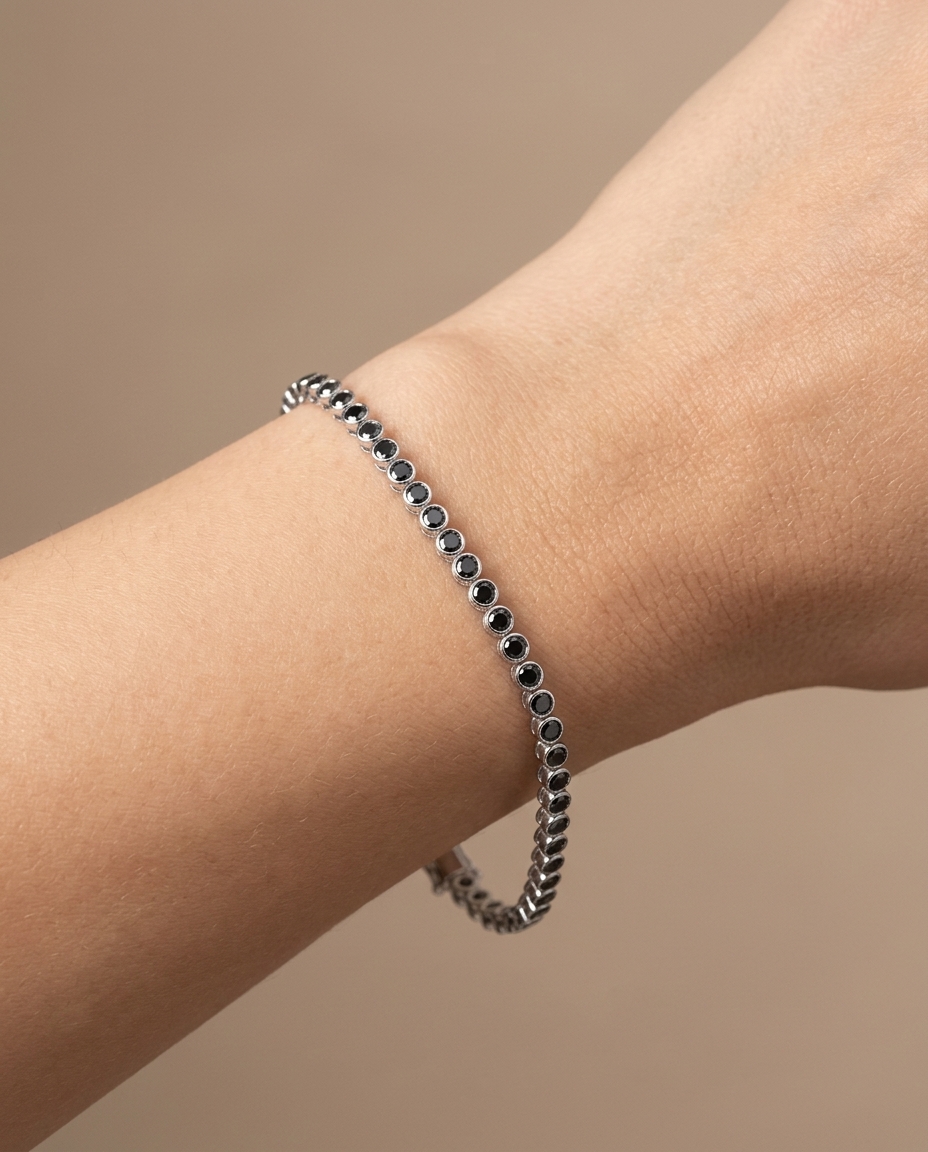 14KT White Gold Black Diamond Bezel Tennis Bracelet on model