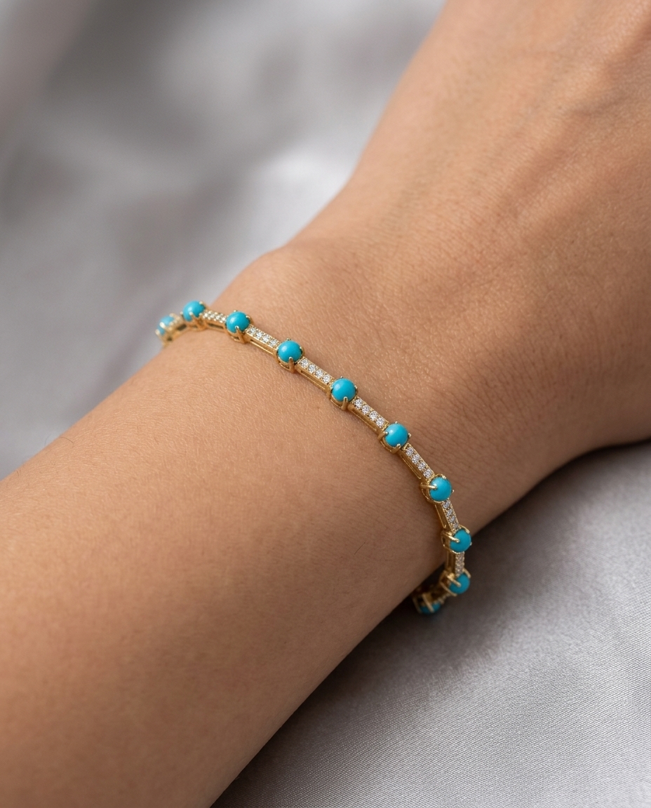 14KT Yellow Gold Turquoise and Diamonds Bracelet on model