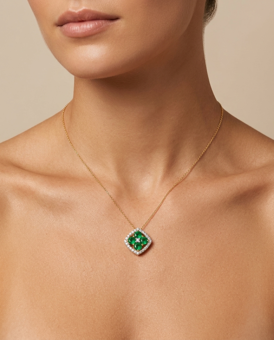 14KT Yellow Gold Pendant with Diamonds and Emerald on model