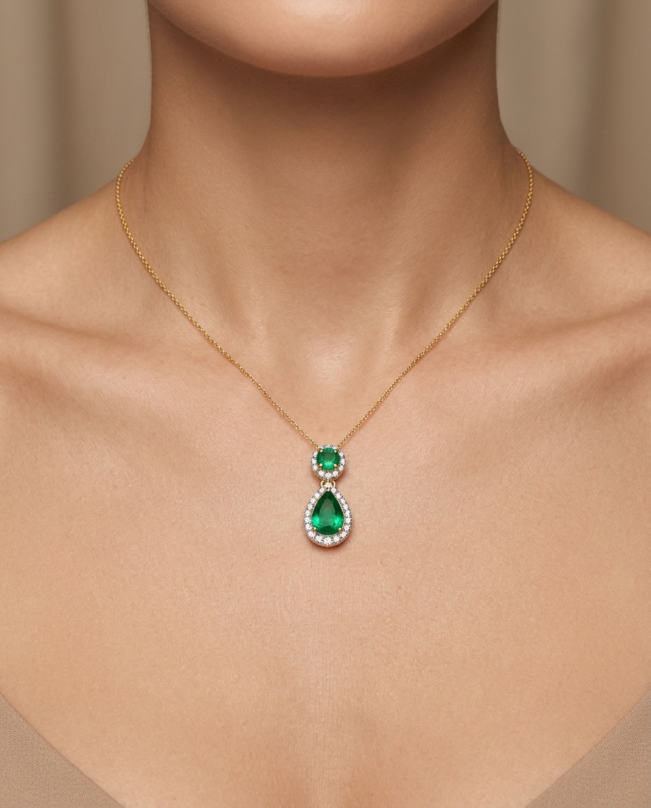 14KT Yellow Gold Pendant with Diamonds and Emerald on model
