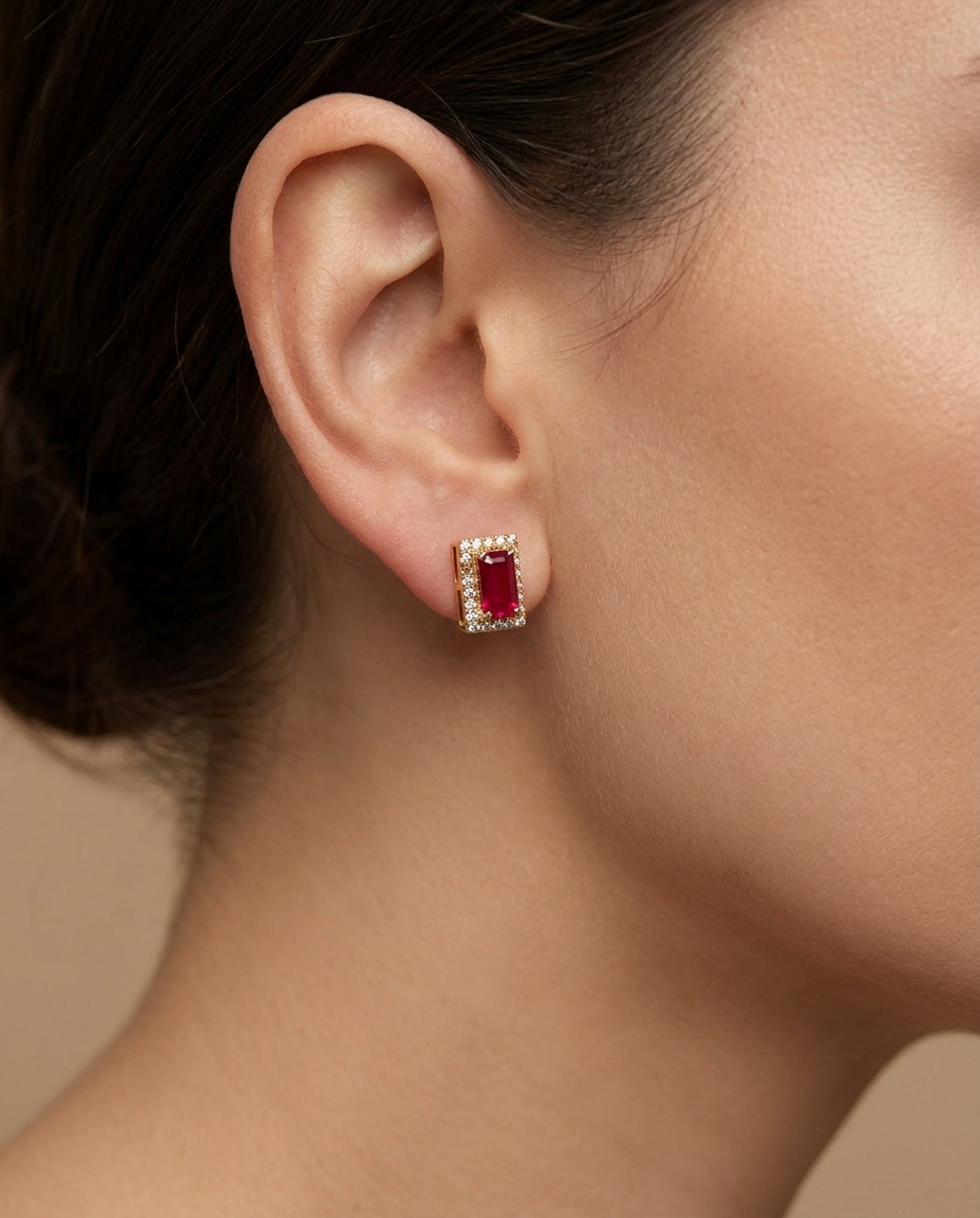 14KT Yellow Gold Ruby and Diamonds Earring on model