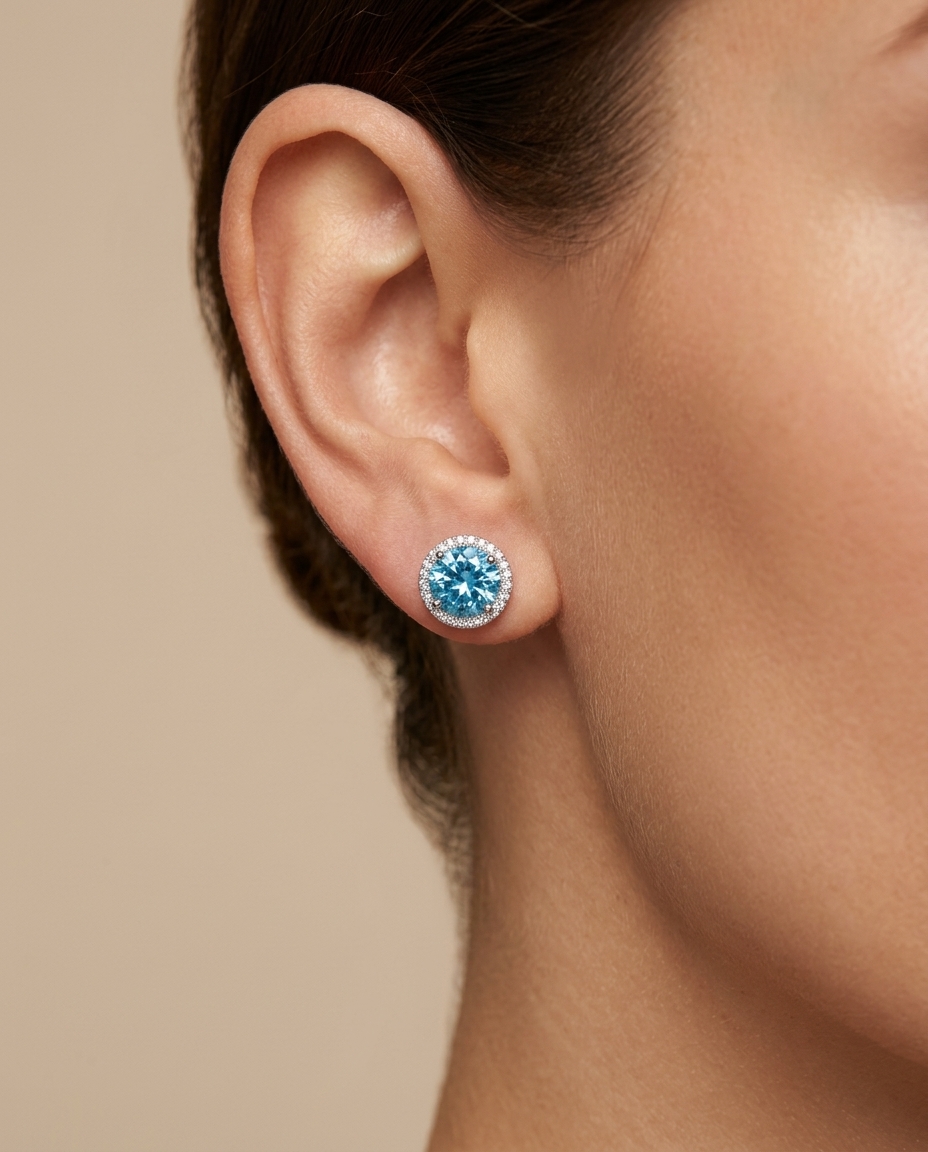 14KT White Gold Blue Zircon and Diamonds Earring on model