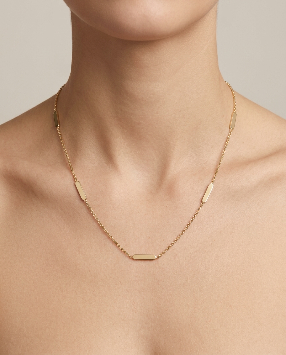 14KT Gold Flat Bar Necklace on model