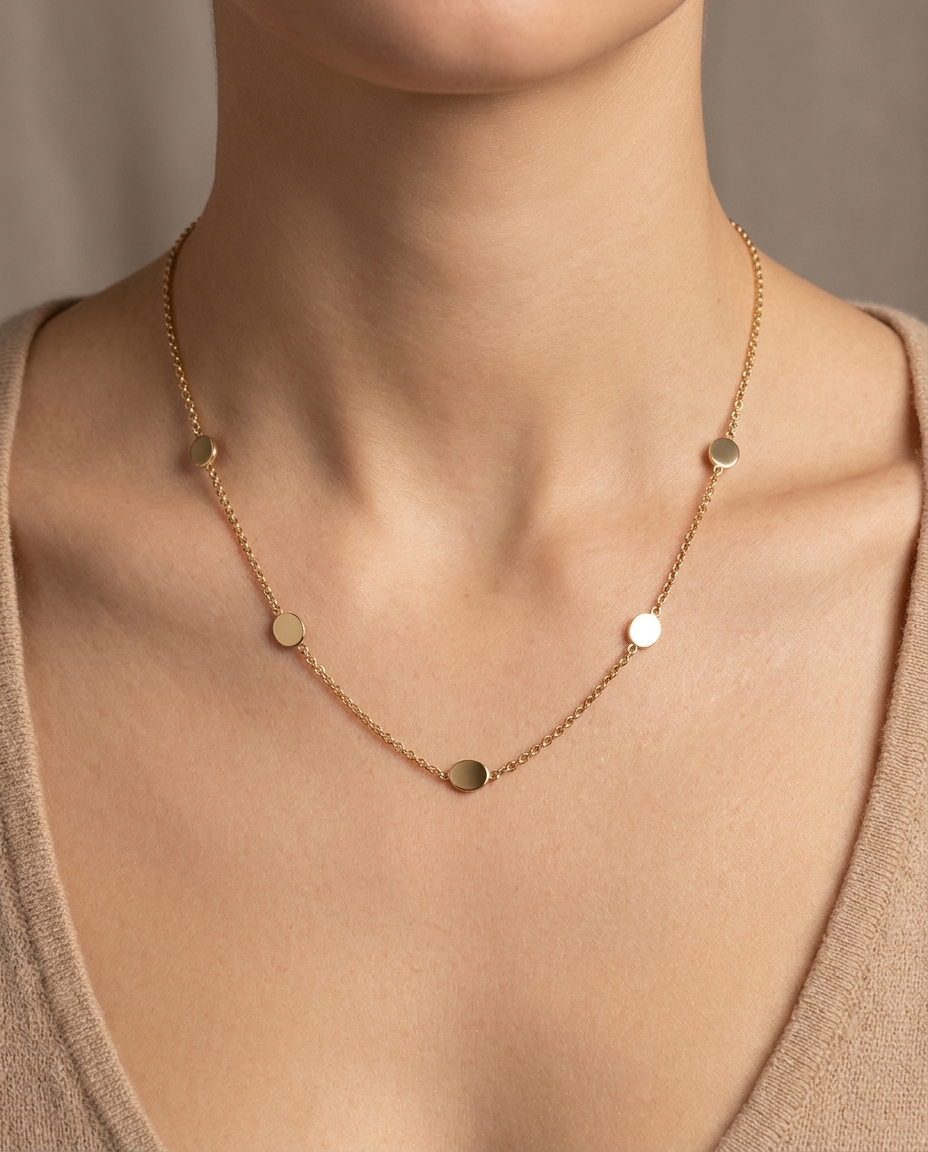 14KT Gold Round Station Necklace on model